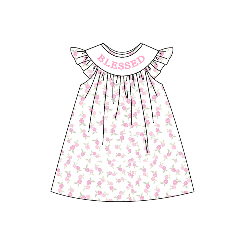 Baby Girls Pink Blessed Flowers Plaid Knee Length Dresses Preorder