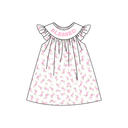 Baby Girls Pink Blessed Flowers Plaid Knee Length Dresses Preorder
