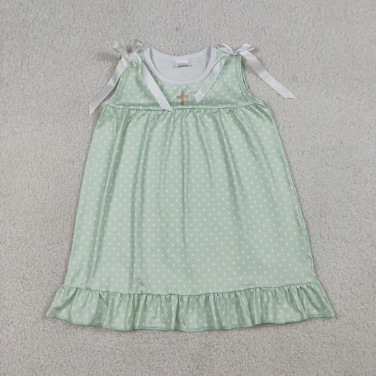 Baby Girls Green Polka Dots Cross Easter Ruffle Knee Length Dresses