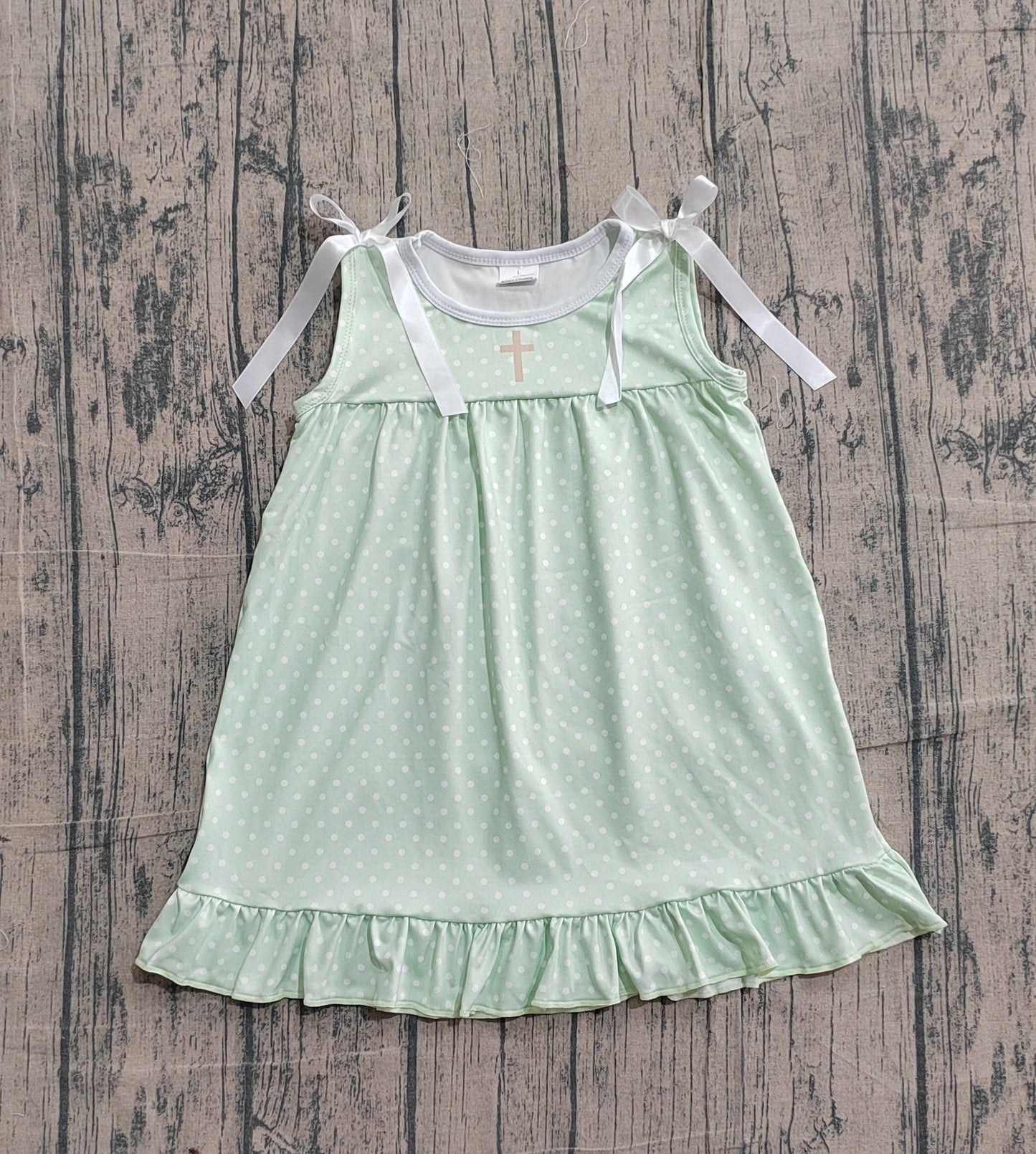 Baby Girls Green Polka Dots Cross Easter Ruffle Knee Length Dresses Preorder