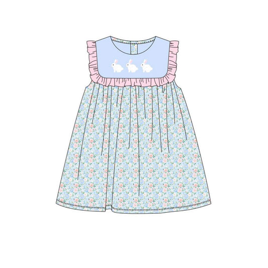 Baby Girls Blue Sleeveless Rabbits Top Floral Easter Knee Length Dresses Preorder