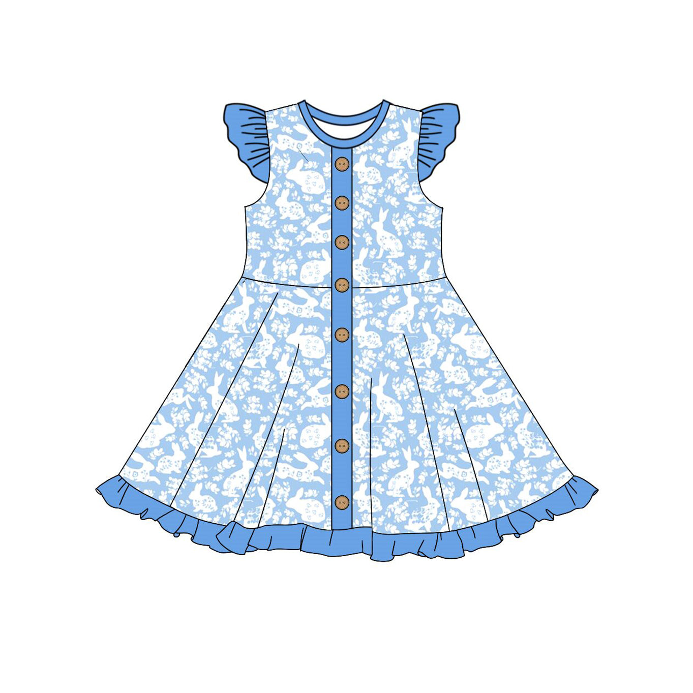 Baby Girls Blue Rabbits Flowers Easter Button Ruffle Knee Length Dresses Preorder