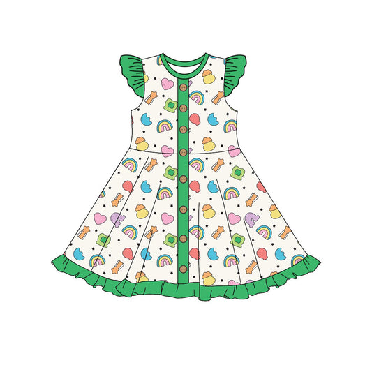 Baby Girls Clovers Rainbows St Patrick Button Ruffle Knee Length Dresses Preorder