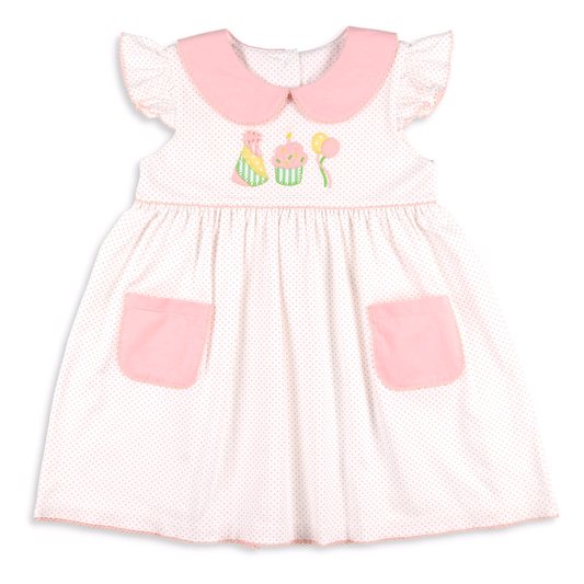 Baby Girls Pink Polka Dots Happy Birthday Pockets Knee Length Dresses Preorder