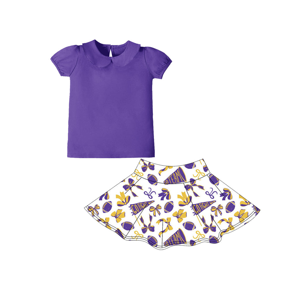 Baby Girls Purple Short Ruffle Sleeve Bows Go Team Yoga Clothes Sets Preorder