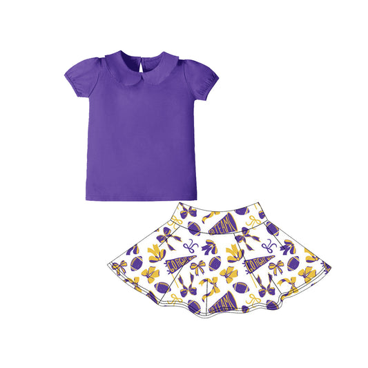 Baby Girls Purple Short Ruffle Sleeve Bows Go Team Yoga Clothes Sets Preorder