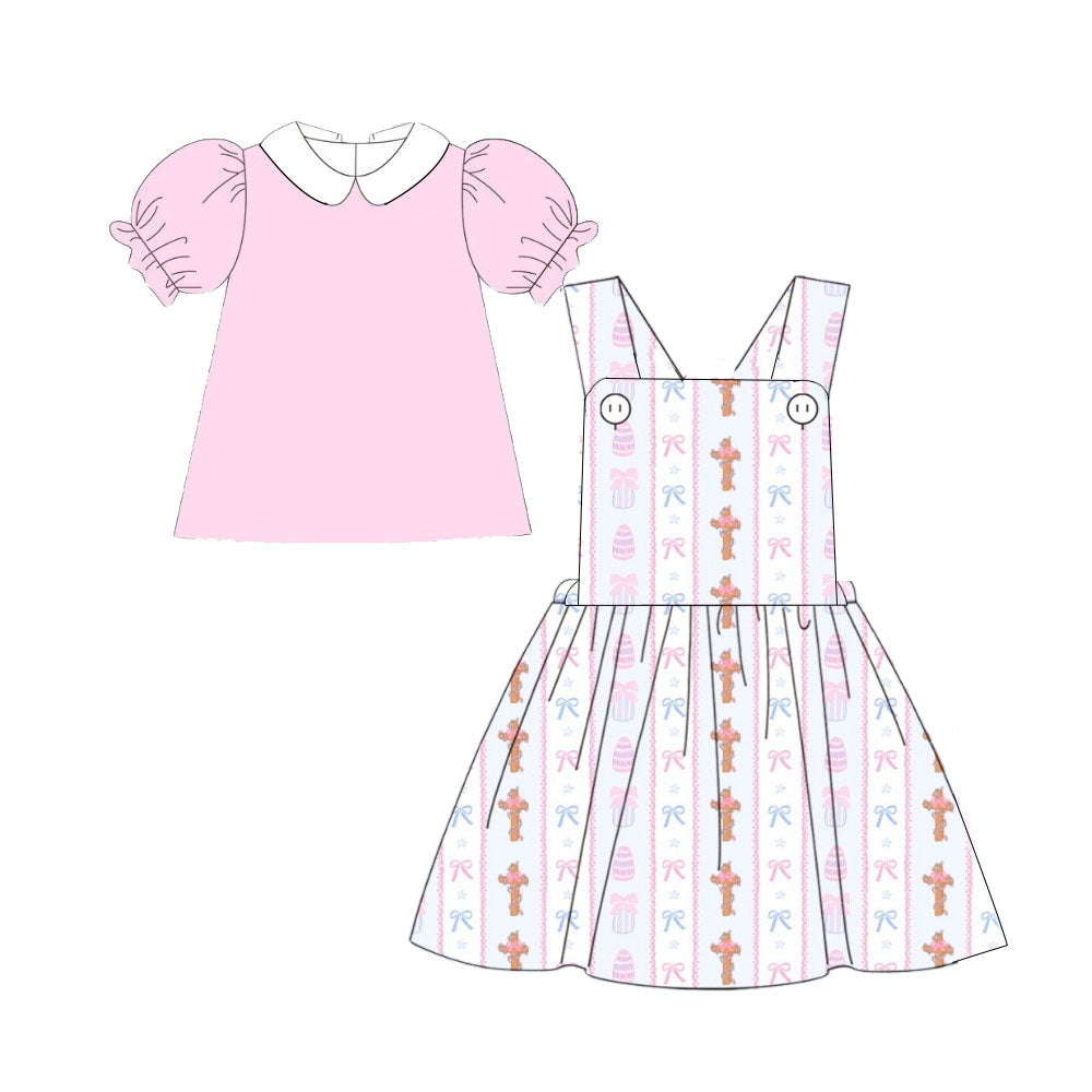 Baby Girls Pink Shirts Top Eggs Crosses Knee Length Dress 2 Piece Easter Clothes Sets Preorder