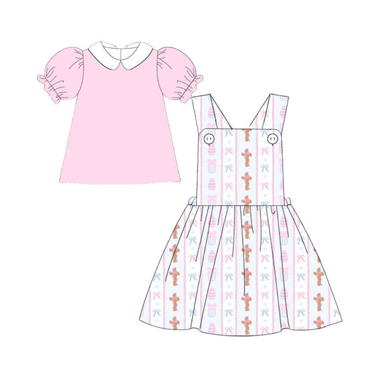 Baby Girls Pink Shirts Top Eggs Crosses Knee Length Dress 2 Piece Easter Clothes Sets Preorder