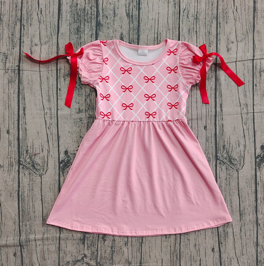 Baby Girls Pink Bows Checked Ruffle Sleeve Valentines Knee Length Dresses Preorder