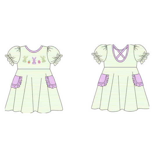 Baby Girls Stripe Rabbits Eggs Pockets Easter Knee Length Dresses Preorder