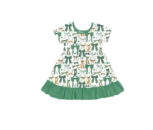 Baby Girls Bows Clovers Plaid St Patrick Ruffle Knee Length Dresses Preorder