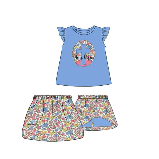 Baby Girls Blue Floral Cross Tunic Pockets Skirt Shorts Easter Clothes Sets Preorder