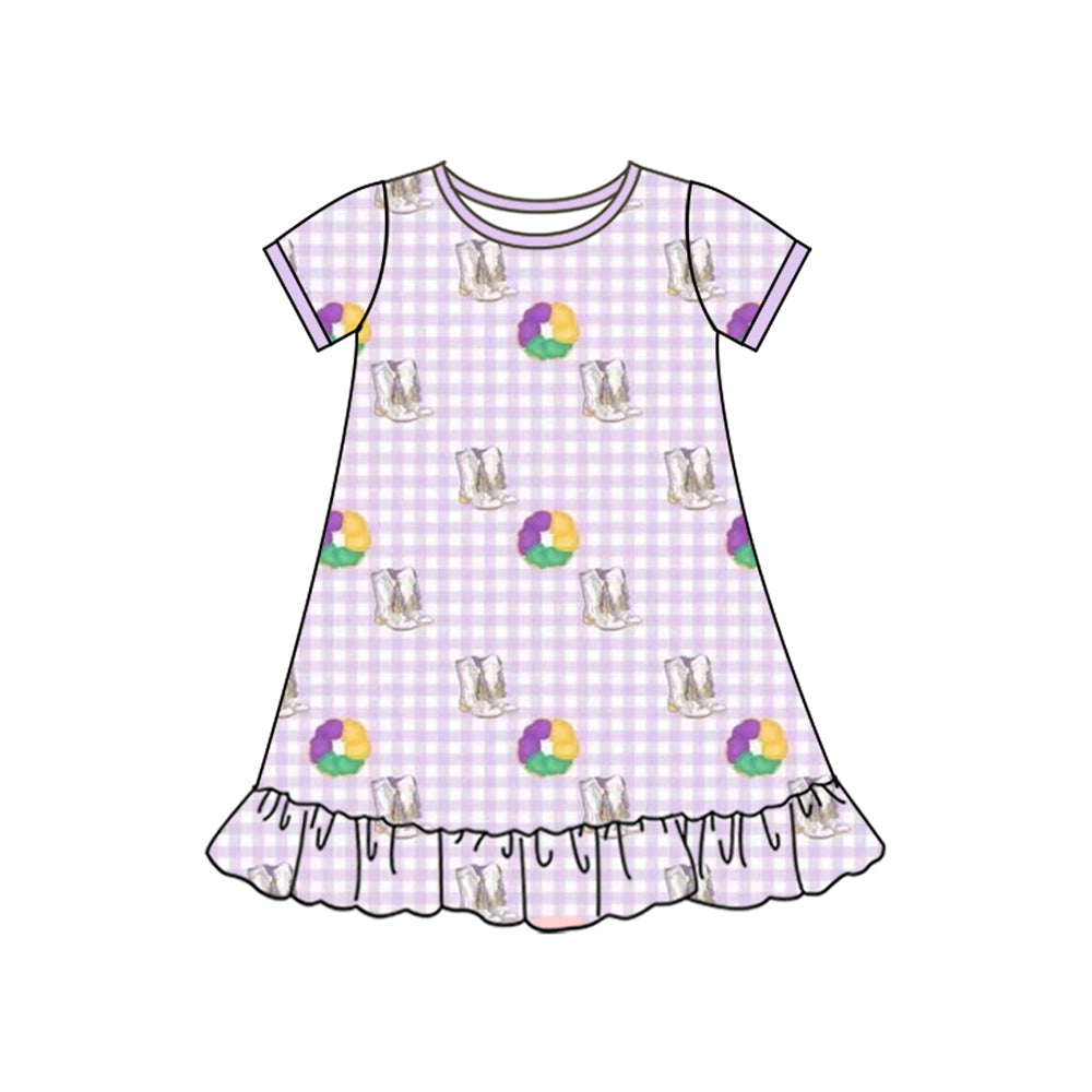 Baby Girls Mardigras Boots Donuts Checked Ruffle Knee Length Dresses Preorder