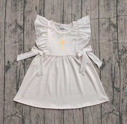 Embroidery Cross Baby Girls Bows Easter Knee Length Dresses Preorder