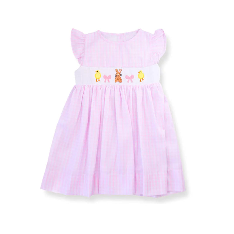 Baby Girls Pink Stripe Flutter Sleeve Rabbits Ducks Easter Knee Length Dresses Preorder