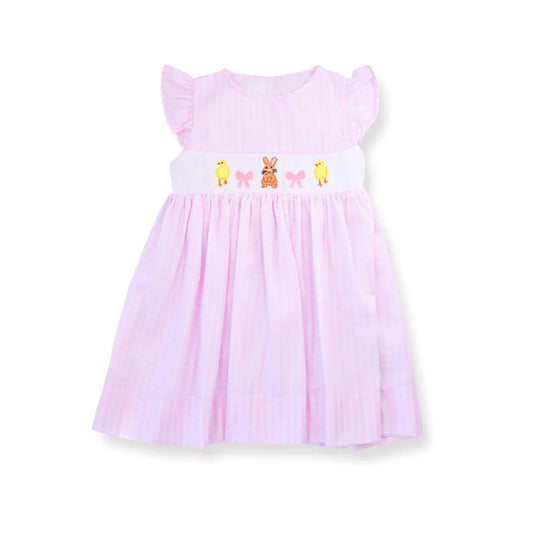 Baby Girls Pink Stripe Flutter Sleeve Rabbits Ducks Easter Knee Length Dresses Preorder