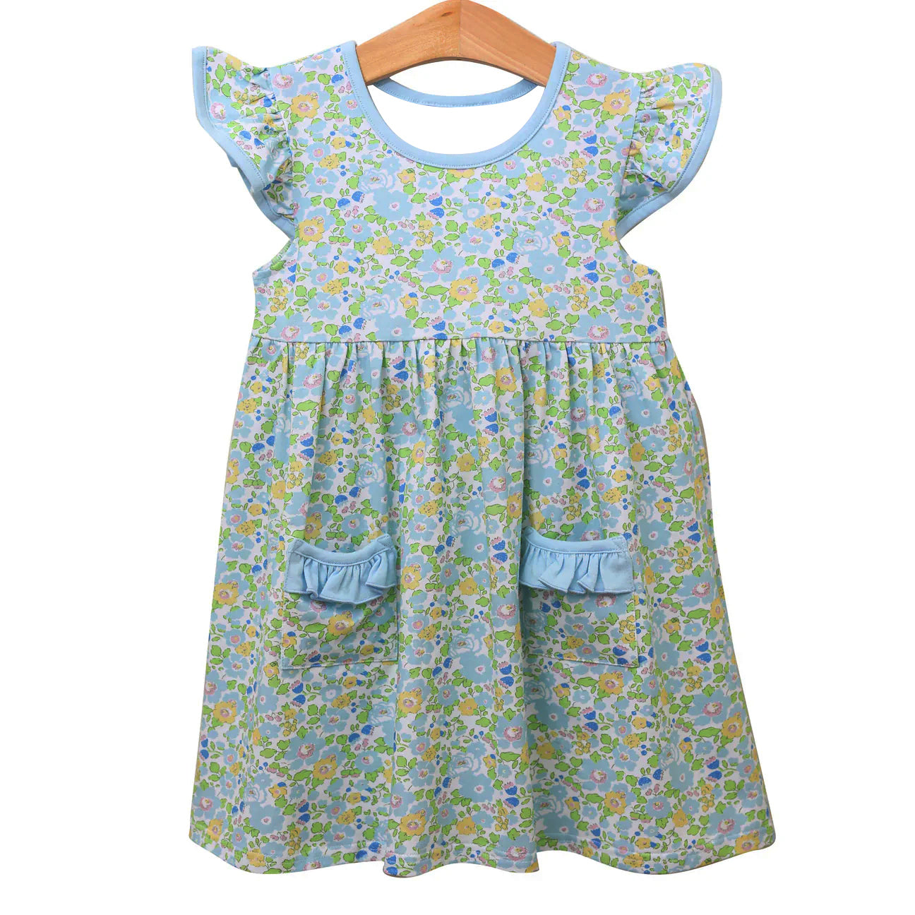 Baby Girls Green Flutter Sleeve Floral Pockets Knee Length Dresses Preorder