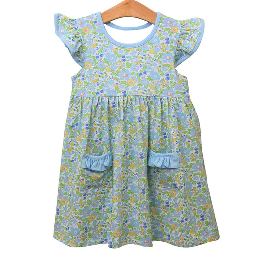 Baby Girls Green Flutter Sleeve Floral Pockets Knee Length Dresses Preorder
