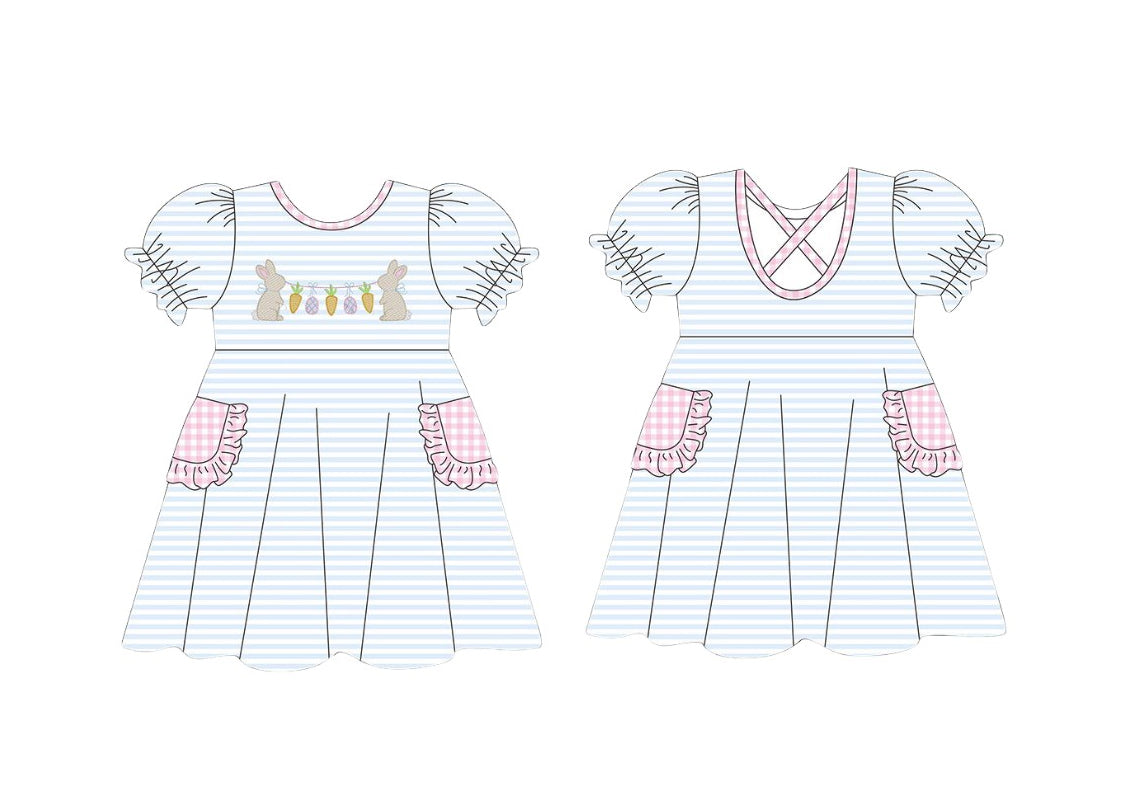 Baby Girls Blue Stripe Rabbits Carrots Easter Pockets Knee Length Dresses Preorder