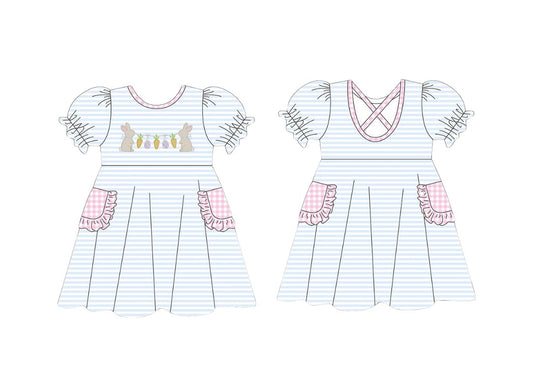 Baby Girls Blue Stripe Rabbits Carrots Easter Pockets Knee Length Dresses Preorder