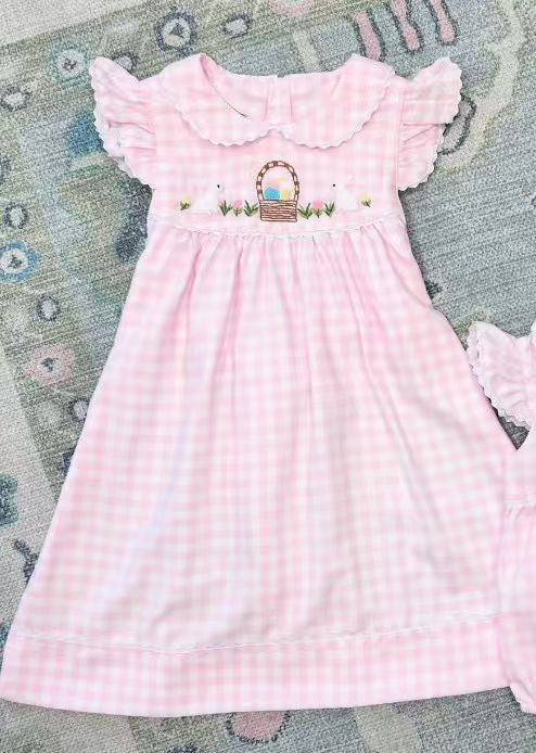 Baby Girls Pink Checked Rabbits Eggs Easter Collar Knee Length Dresses Preorder