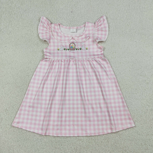 Embroidery Rabbits Eggs Baby Girls Pink Checked Easter Knee Length Dresses