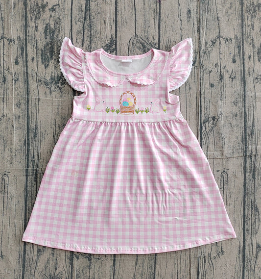 Embroidery Rabbits Eggs Baby Girls Pink Checked Easter Knee Length Dresses Preorder