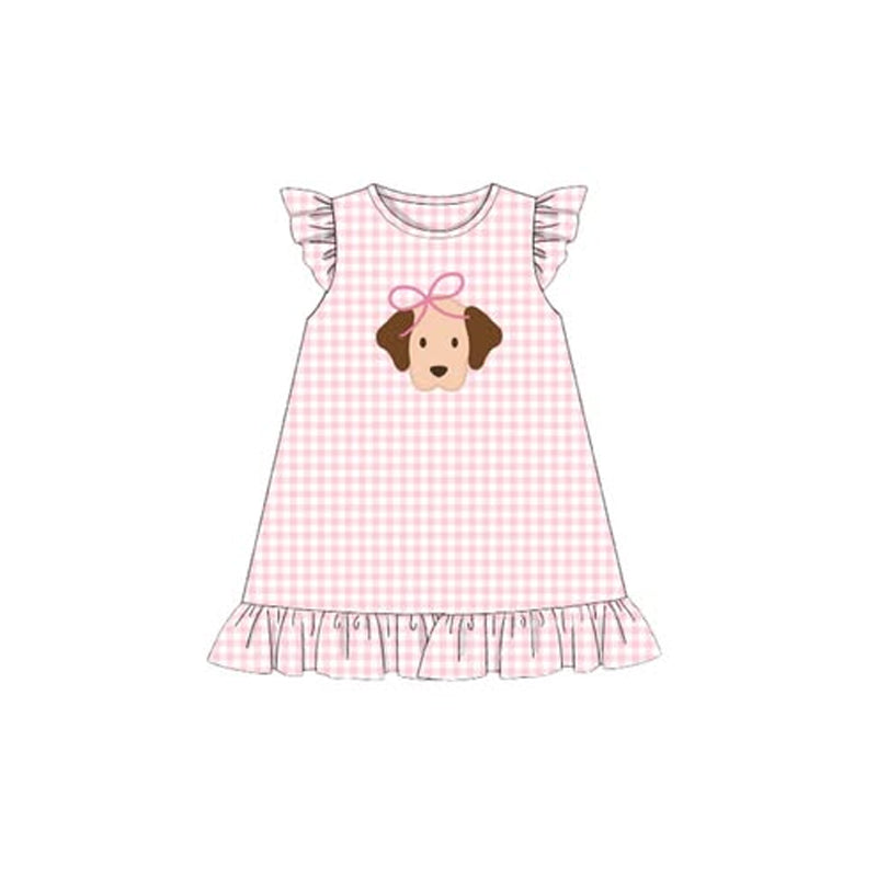 Baby Girls Pink Checked Flutter Sleeve Bow Dogs Ruffle Knee Length Dresses Preorder