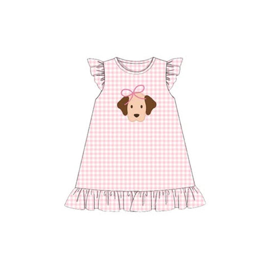 Baby Girls Pink Checked Flutter Sleeve Bow Dogs Ruffle Knee Length Dresses Preorder
