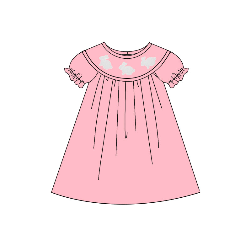 Baby Girls Pink Rabbits Easter Ruffle Sleeve Knee Length Dresses Preorder