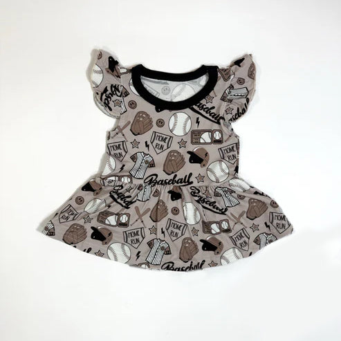 Baby Girls Flutter Sleeve Baseballs Team Ruffle Knee Length Dresses Preorder