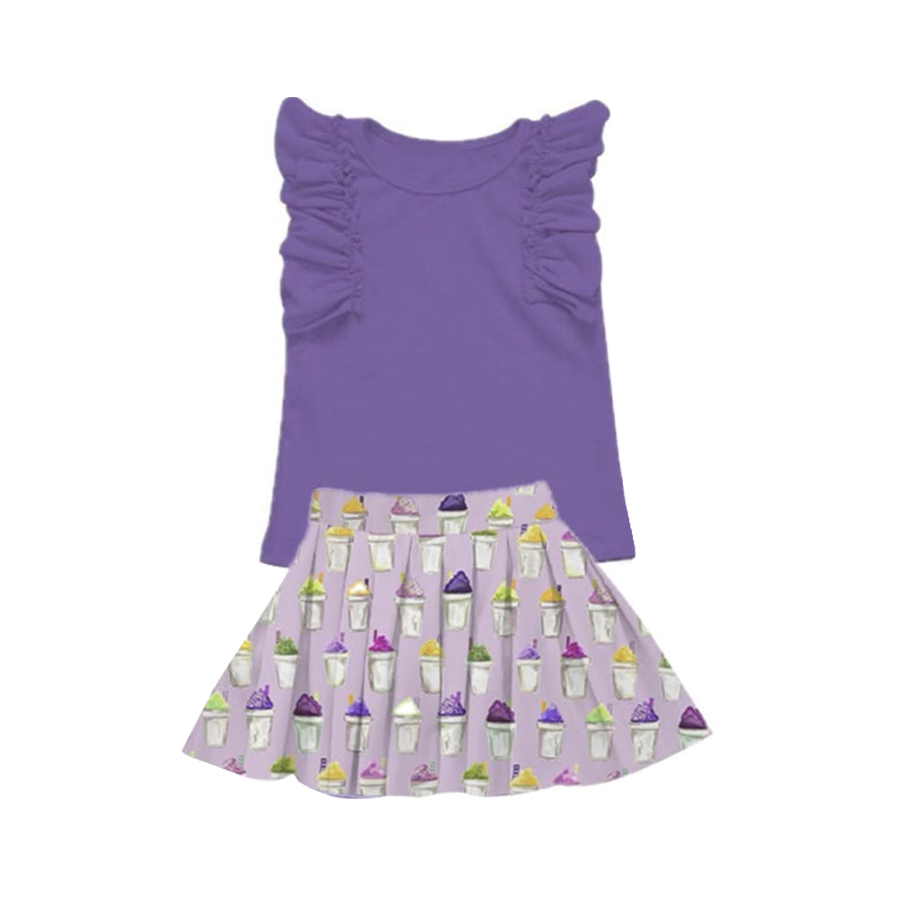 Baby Girls Purple Flutter Sleeve Top Coffee Skirts Clothes Sets Preorder