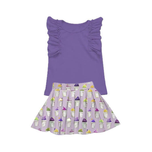 Baby Girls Purple Flutter Sleeve Top Coffee Skirts Clothes Sets Preorder