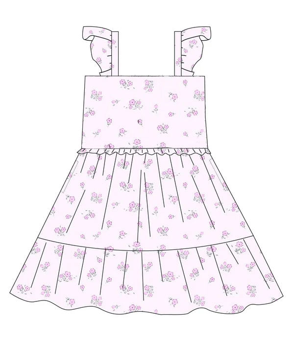 Baby Girls Pink Flutter Sleeve Flowers Patchwork Knee Length Dresses Preorder