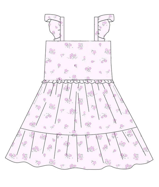 Baby Girls Pink Flutter Sleeve Flowers Patchwork Knee Length Dresses Preorder