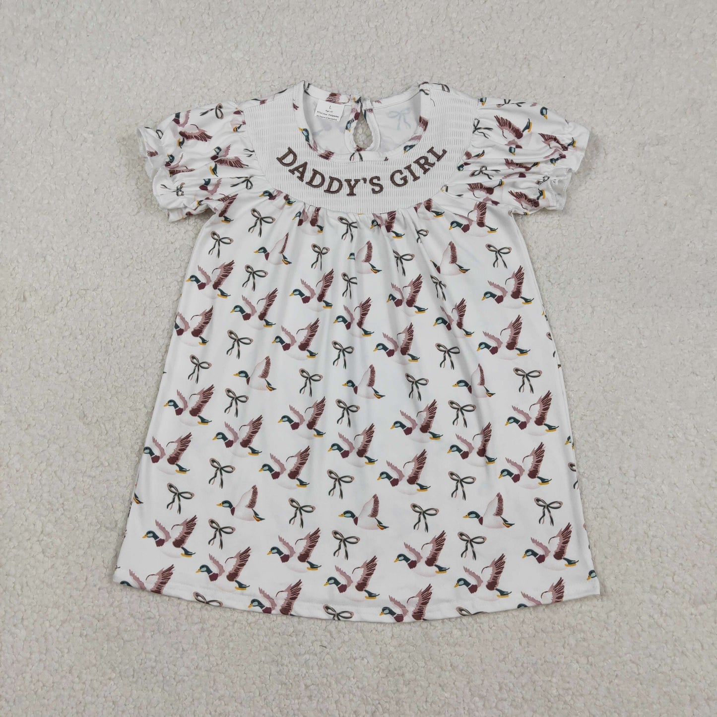 USA Shop Smocked Daddy's Girl Bows Ducks Short Ruffle Sleeve Knee Length Dress