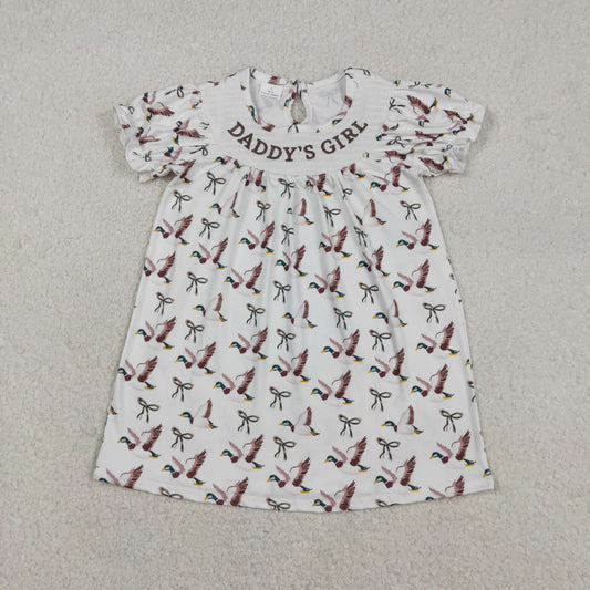 USA Shop Smocked Daddy's Girl Bows Ducks Short Ruffle Sleeve Knee Length Dress