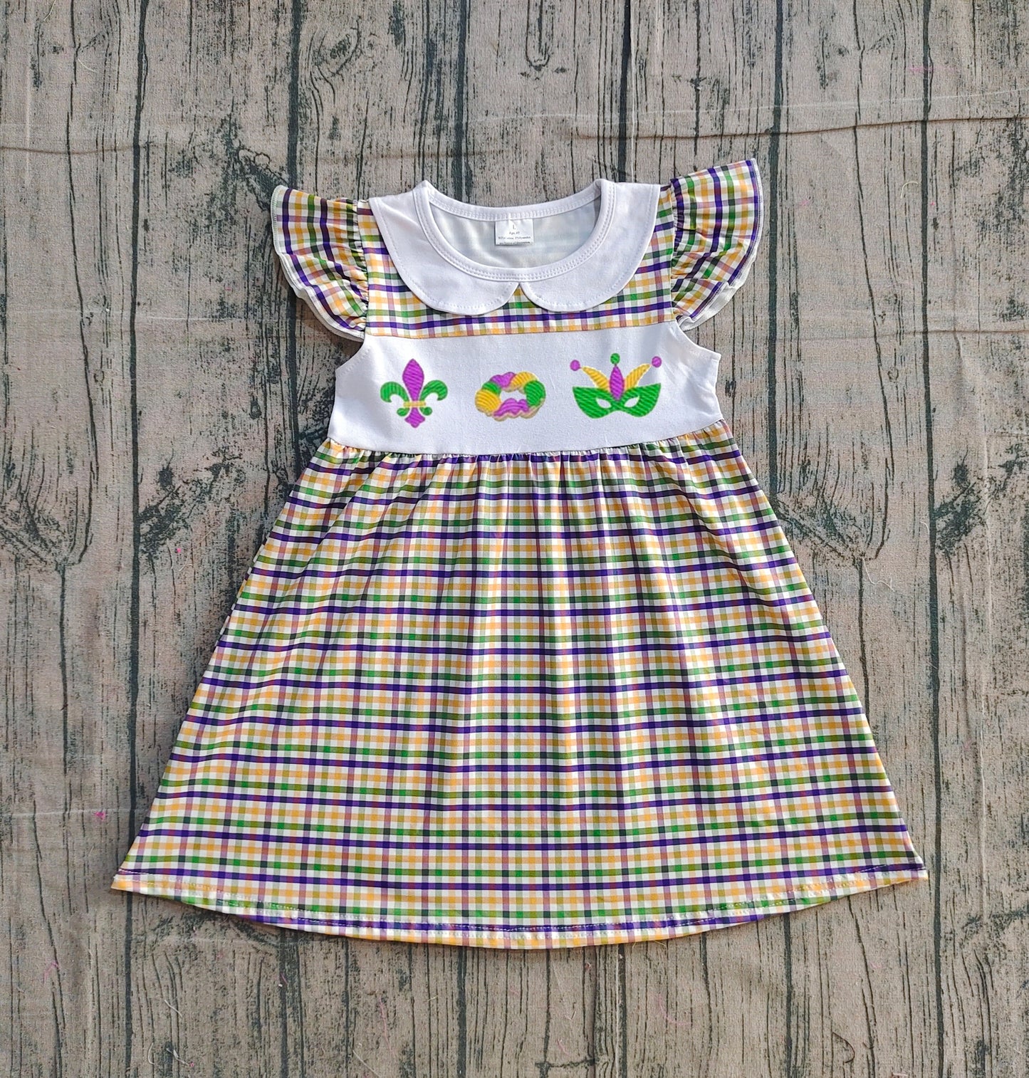 Embroidery Anchors Donuts Baby Girls Mardigras Checked Collar Knee Length Dresses Preorder