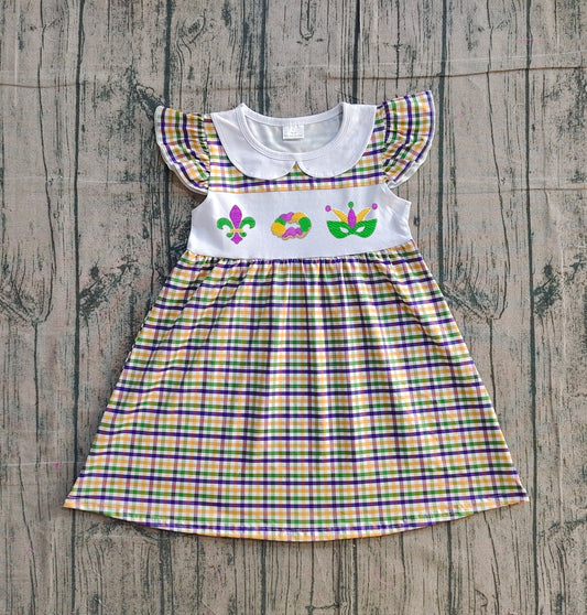 Embroidery Anchors Donuts Baby Girls Mardigras Checked Collar Knee Length Dresses Preorder