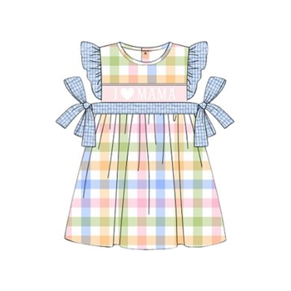 Baby Girls Colorful Checked I Love Mama Bows Knee Length Dresses Preorder