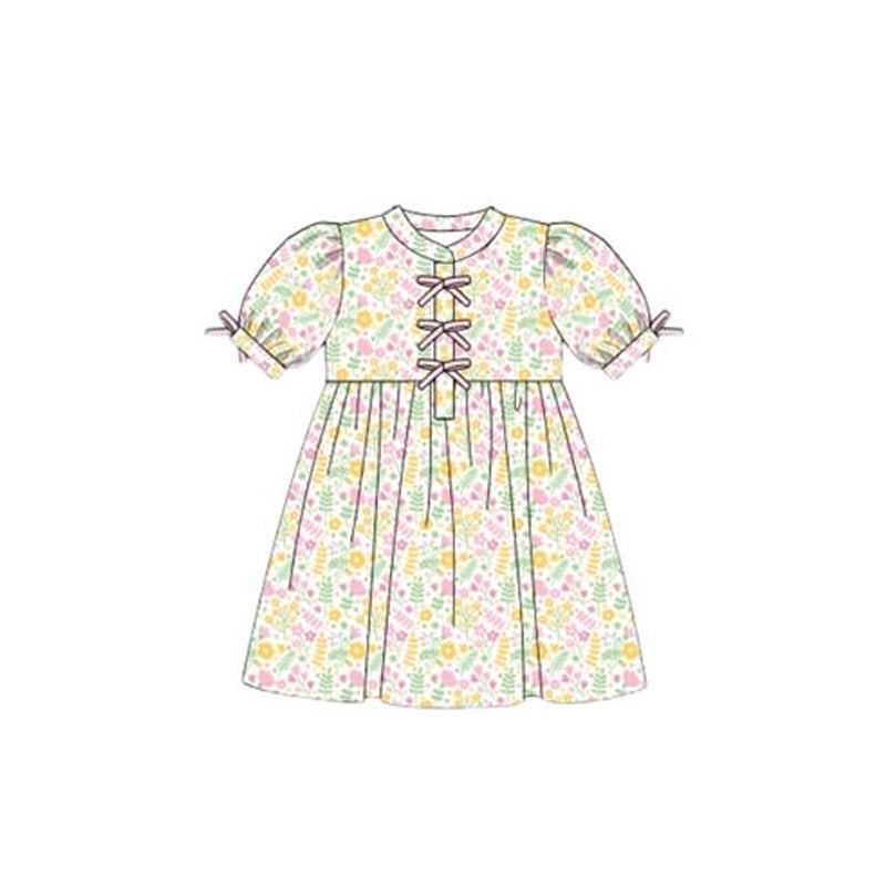 Baby Girls Short Ruffle Sleeve Floral Button Knee Length Dresses Preorder