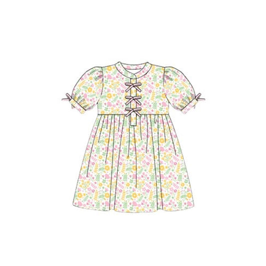 Baby Girls Short Ruffle Sleeve Floral Button Knee Length Dresses Preorder