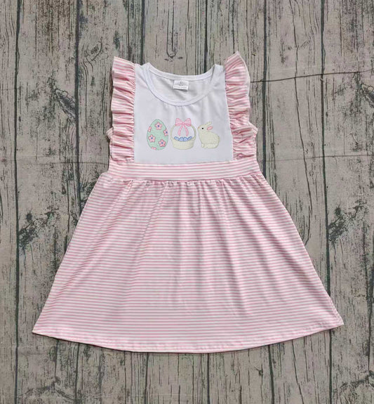 Embroidery Rabbit Eggs Baby Girls Pink Stripe Easter Knee Length Dresses Preorder