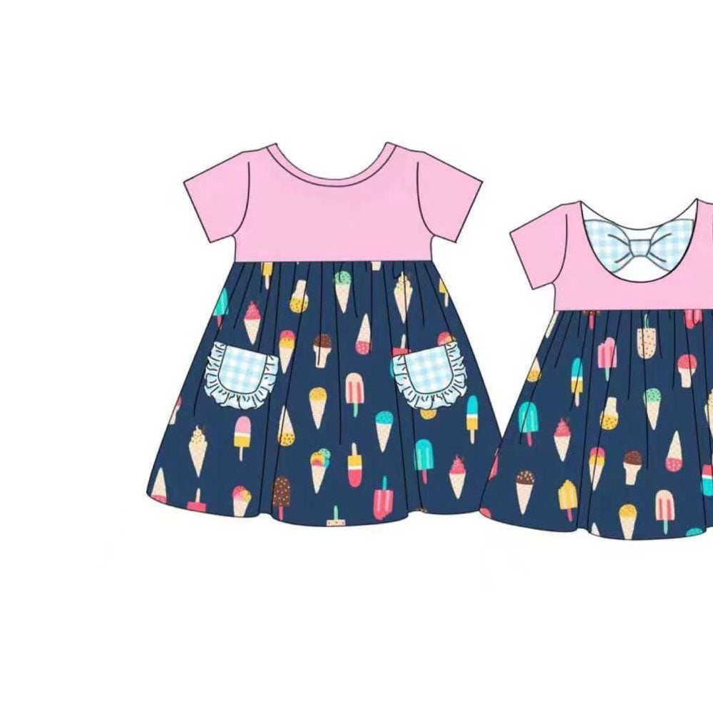 Baby Girls Ice Cream Plaid Pockets Back Bow Knee Length Dresses Preorder