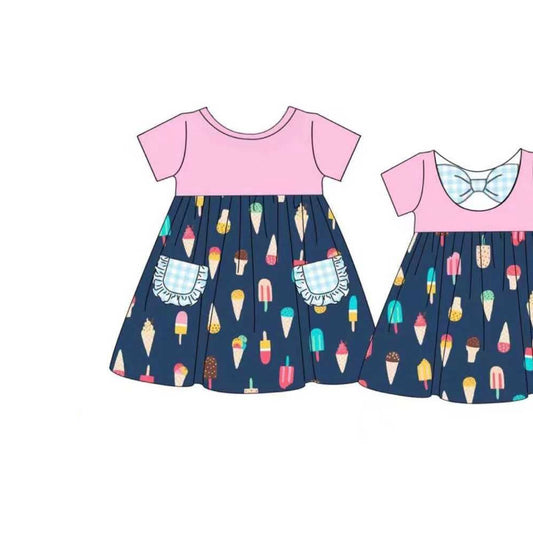 Baby Girls Ice Cream Plaid Pockets Back Bow Knee Length Dresses Preorder