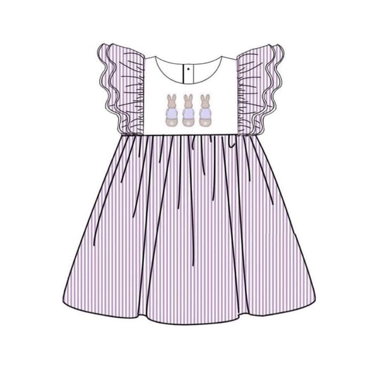 Baby Girls Stripe Rabbits Easter Flutter Sleeve Knee Length Dresses Preorder