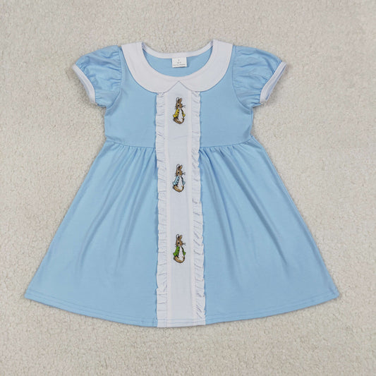 Sibling Baby Girls Short Ruffle Sleeve Embroidery Rabbits Easter Knee Length Dresses Ruffle Romper