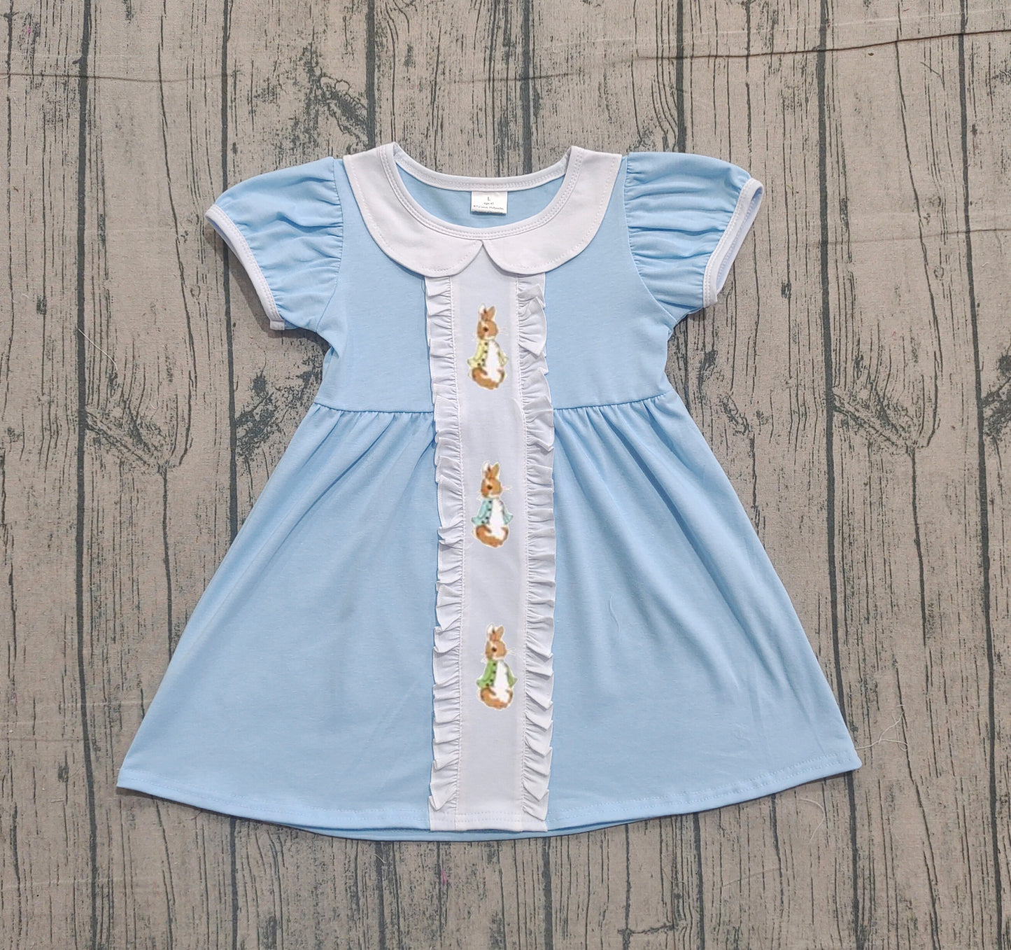 Embroidery Rabbits Baby Girls Short Ruffle Sleeve Easter Collar Knee Length Dresses Preorder
