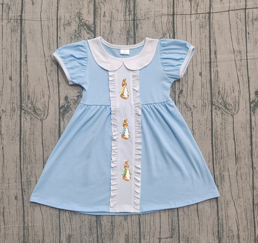Embroidery Rabbits Baby Girls Short Ruffle Sleeve Easter Collar Knee Length Dresses Preorder