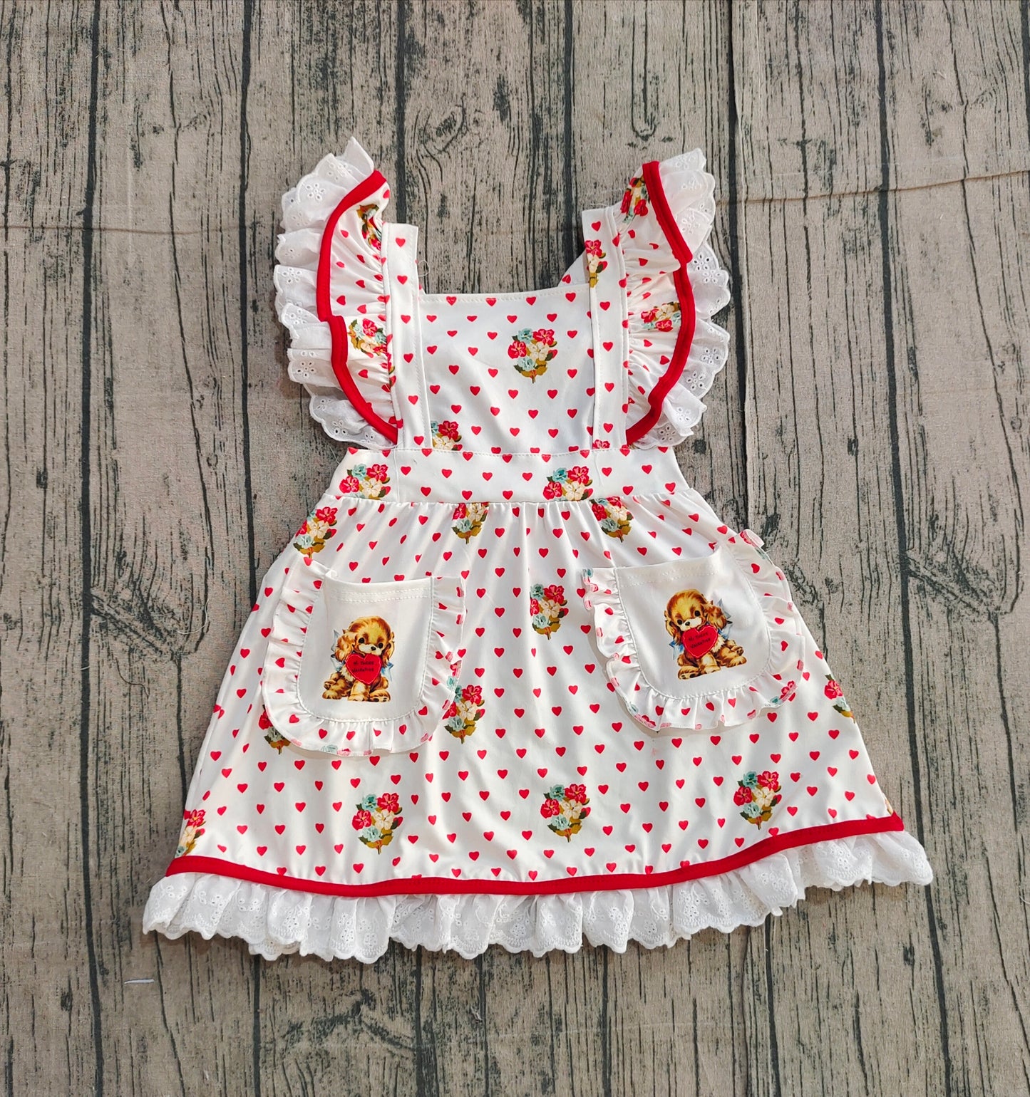 Baby Girls Hearts Dogs Flowers Valentine Pockets Knee length Dresses Preorder